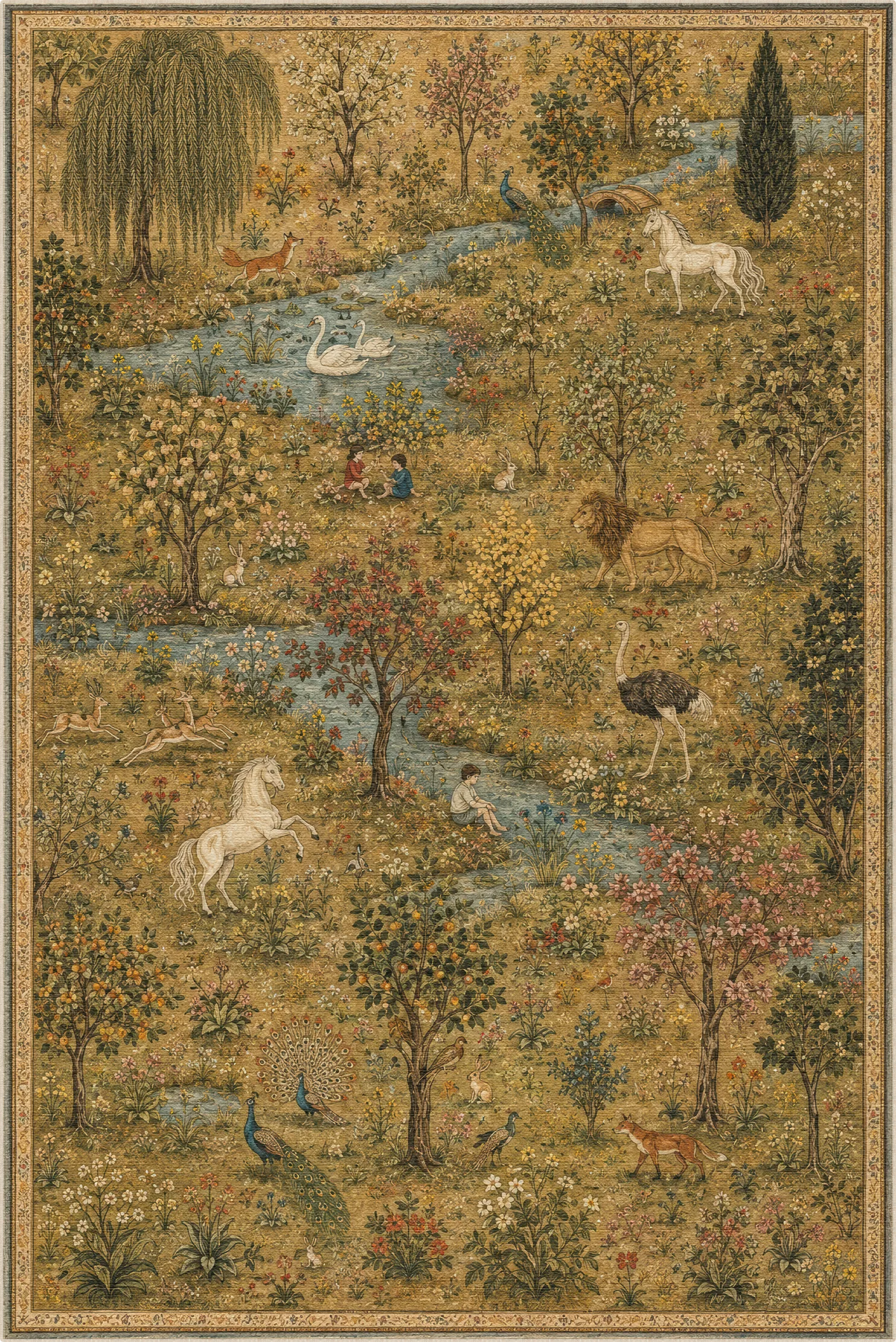 Un tappeto dettagliato che raffigura un paesaggio pastorale rigoglioso con animali, alberi, un fiume e figure, bordato da un bordo decorativo a motivi.