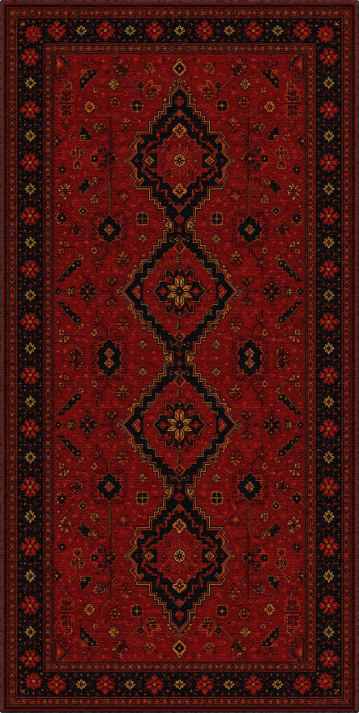 Un tappeto tradizionale in stile orientale con un campo rosso intenso, caratterizzato da tre grandi medaglioni verticali a forma di diamante in nero, rosso e oro, circondati da un bordo scuro decorato.