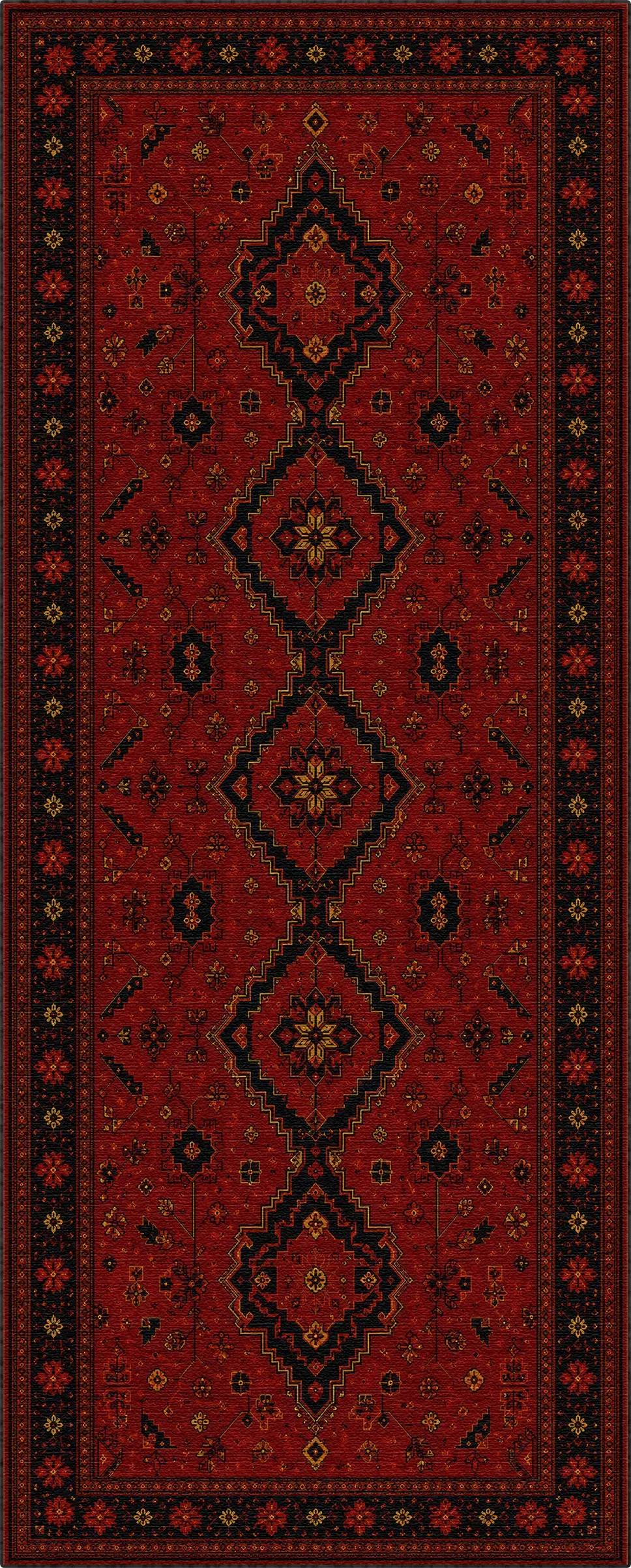 Un tradizionale tappeto orientale a corsia con campo rosso intenso, caratterizzato da una fila verticale di grandi medaglioni a diamante scuri e un bordo decorato.