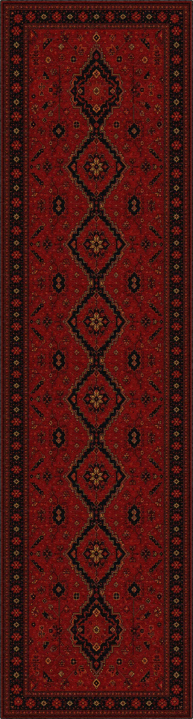 Un tradizionale tappeto da corridoio con uno sfondo rosso intenso, caratterizzato da un motivo centrale verticale a diamante in nero e marrone scuro, circondato da un bordo decorato.