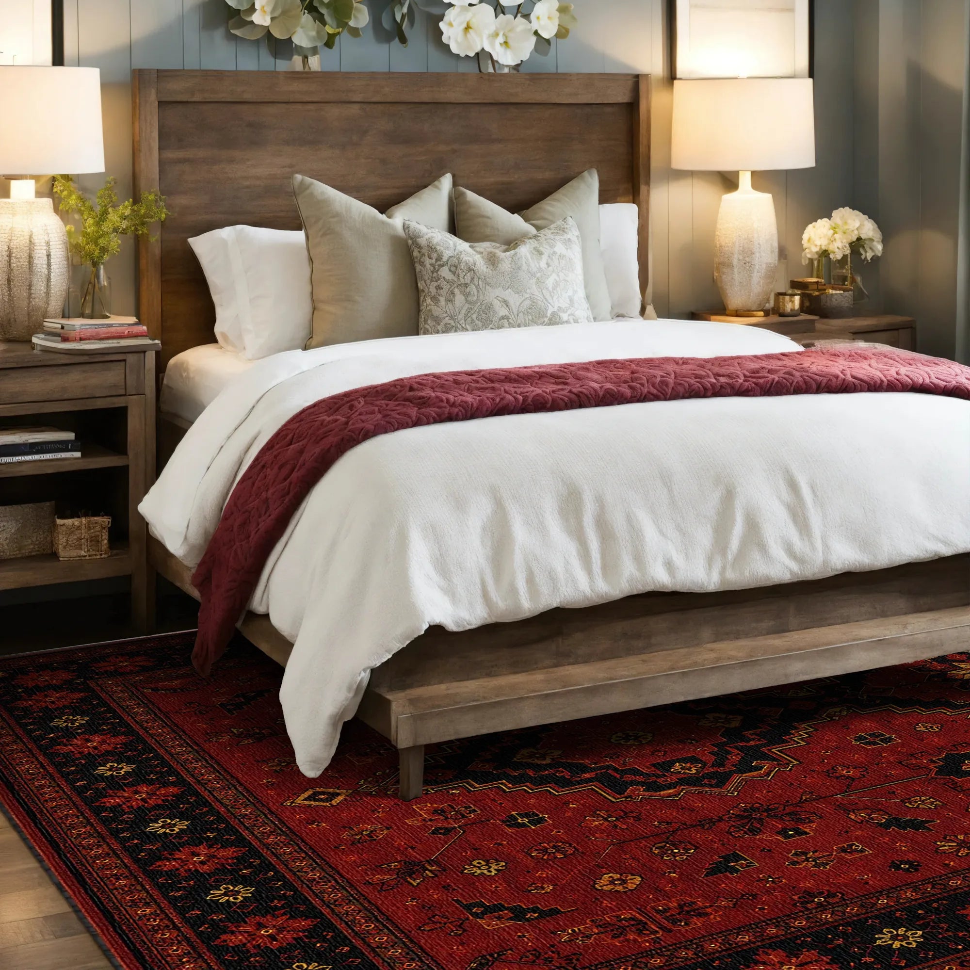 Una struttura del letto rustica in legno, decorata con biancheria bianca, cuscini beige e una coperta rossa scura, sistemata in una camera da letto con un tappeto rosso a motivi, comodini e lampade.