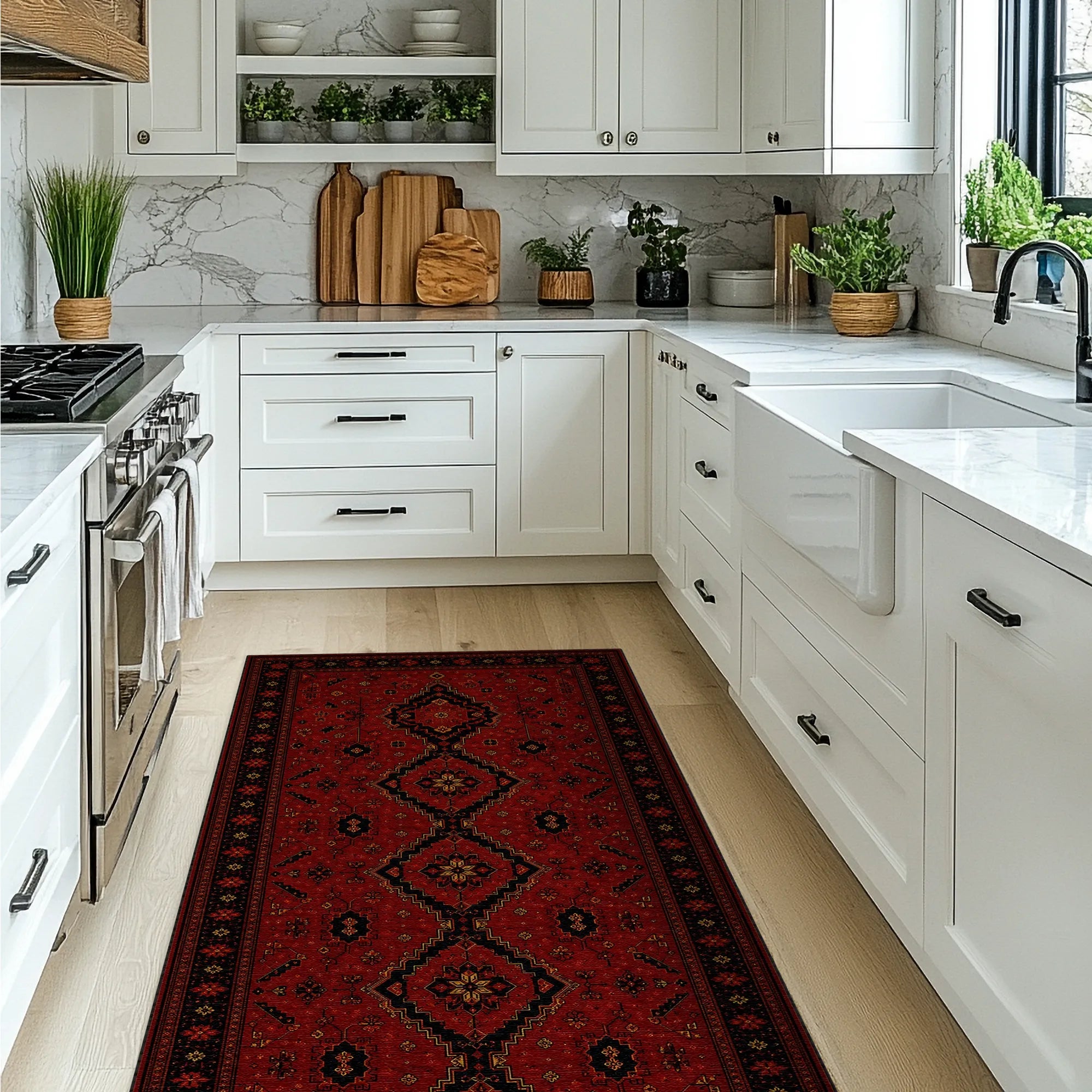 Un tappeto lungo con motivo rosso e nero è posizionato su un pavimento in legno chiaro in una cucina moderna, luminosa e bianca.