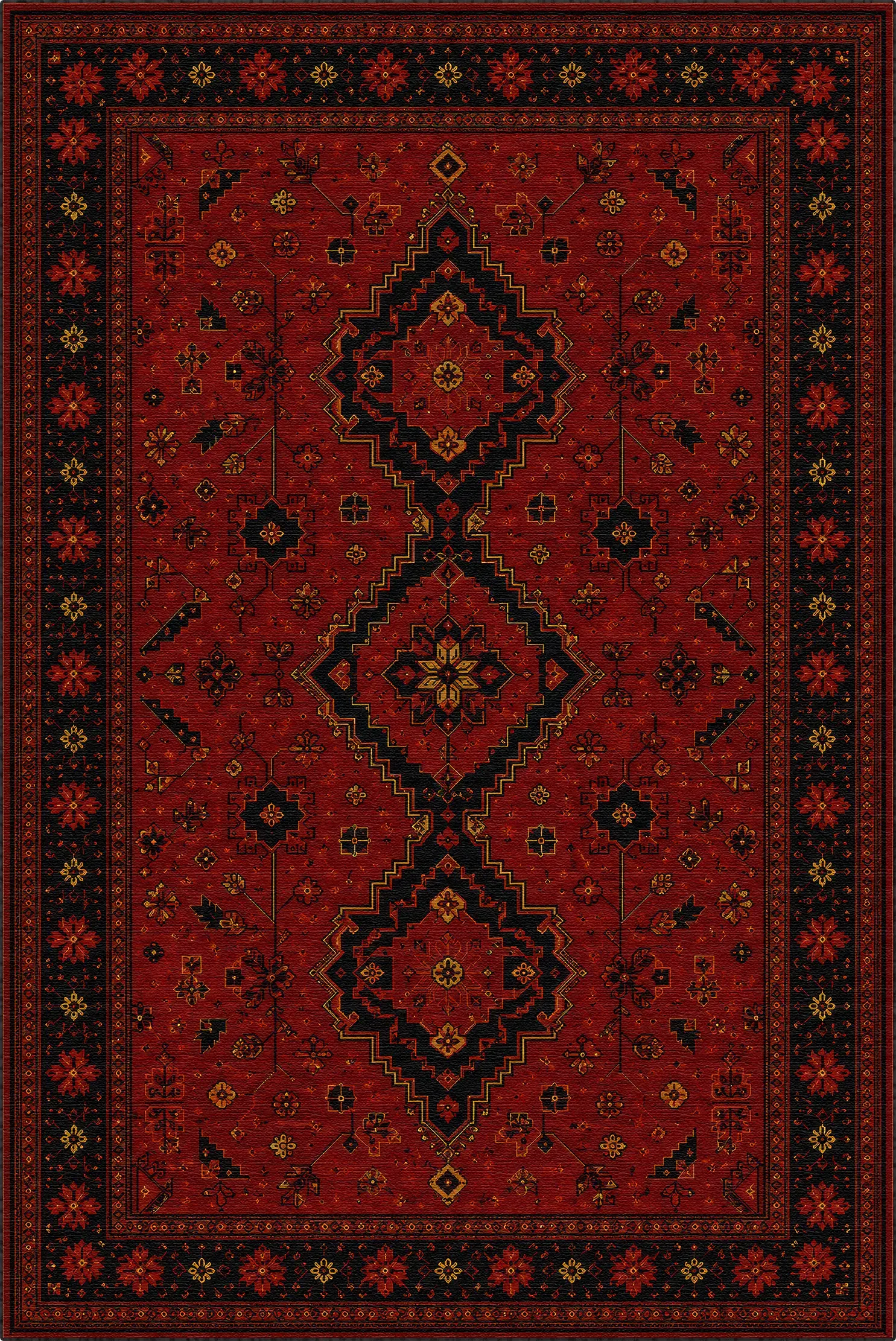 Un tappeto tradizionale in stile orientale con un campo rosso intenso, caratterizzato da grandi medaglioni centrali a forma di diamante e intricati motivi floreali in nero, marrone scuro e beige.