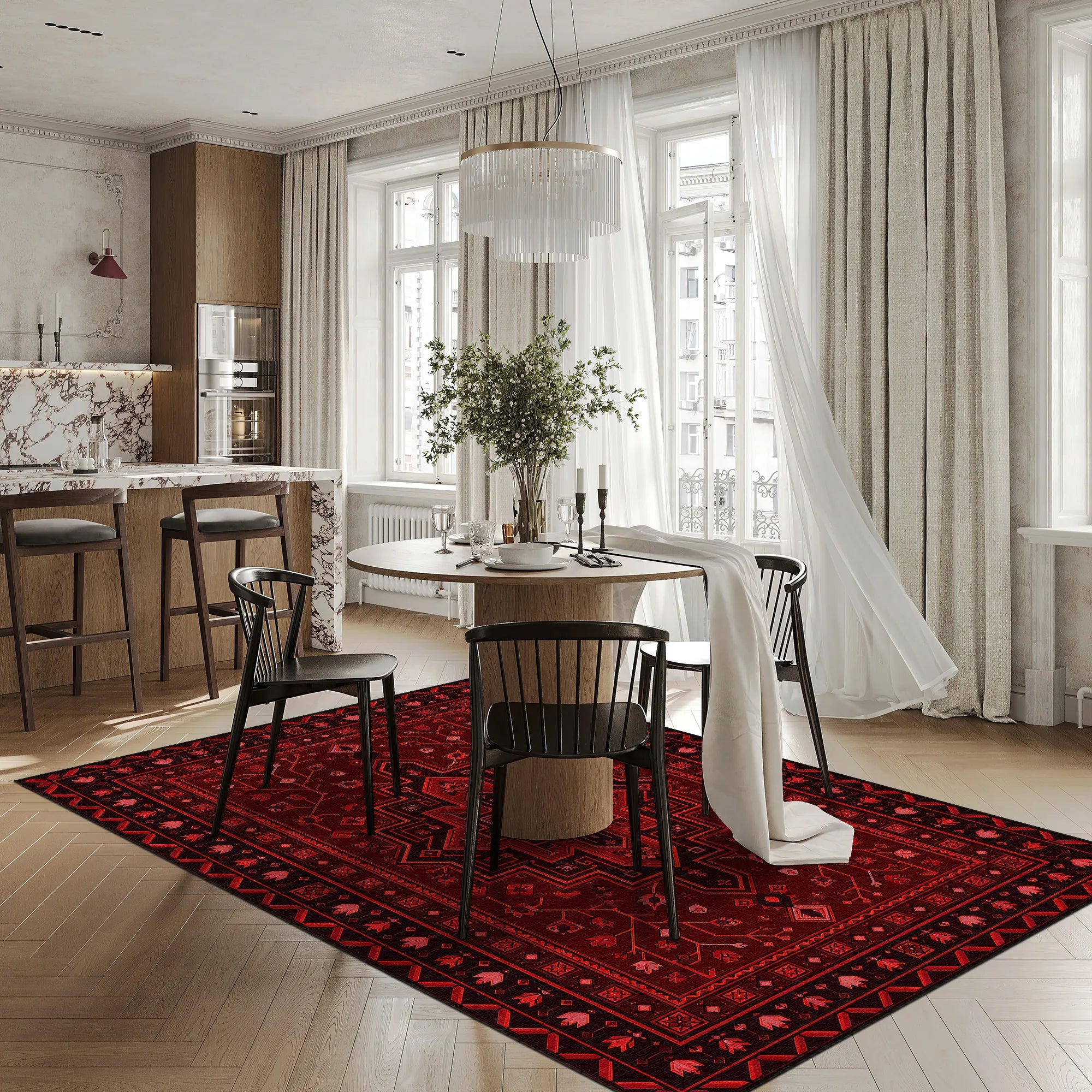 A large red and black patterned area rug styled in a modern, sunlit dining room with a round wooden table, black chairs, and white drapes.