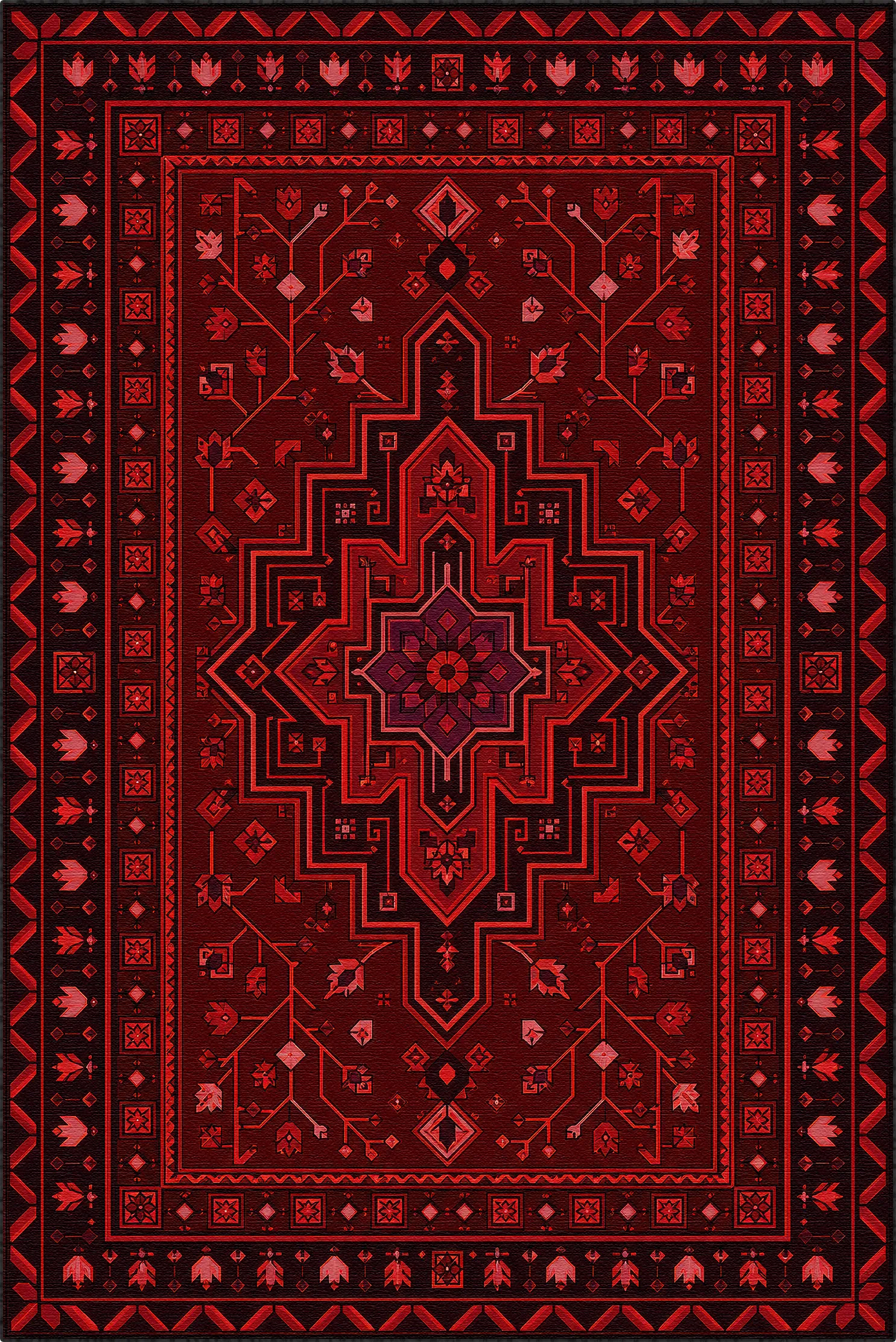 A traditional oriental-style area rug with a deep red and black geometric medallion pattern, featuring intricate floral and vine motifs in the border and central field.