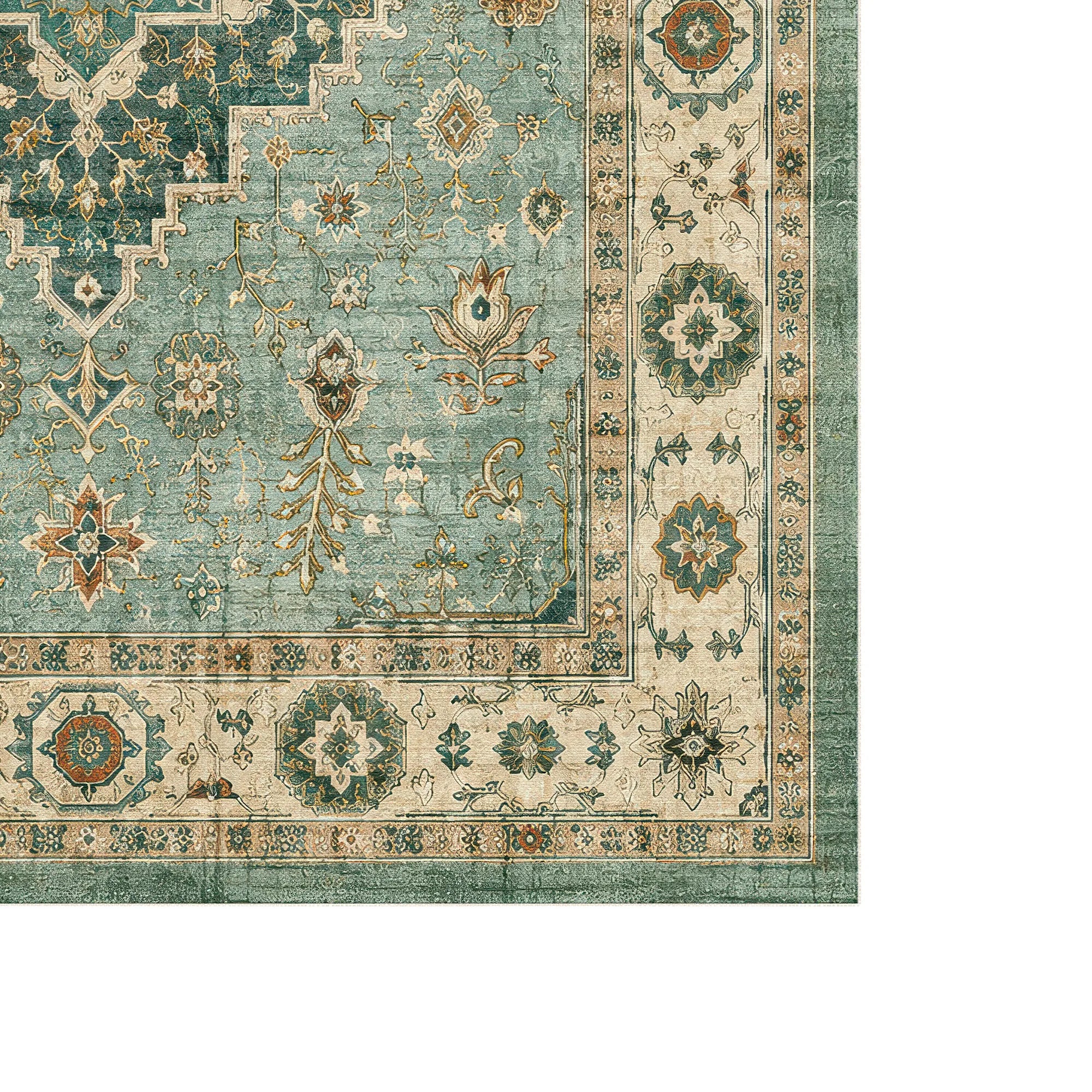 Tappeto orientale vintage verde salvia con medaglione