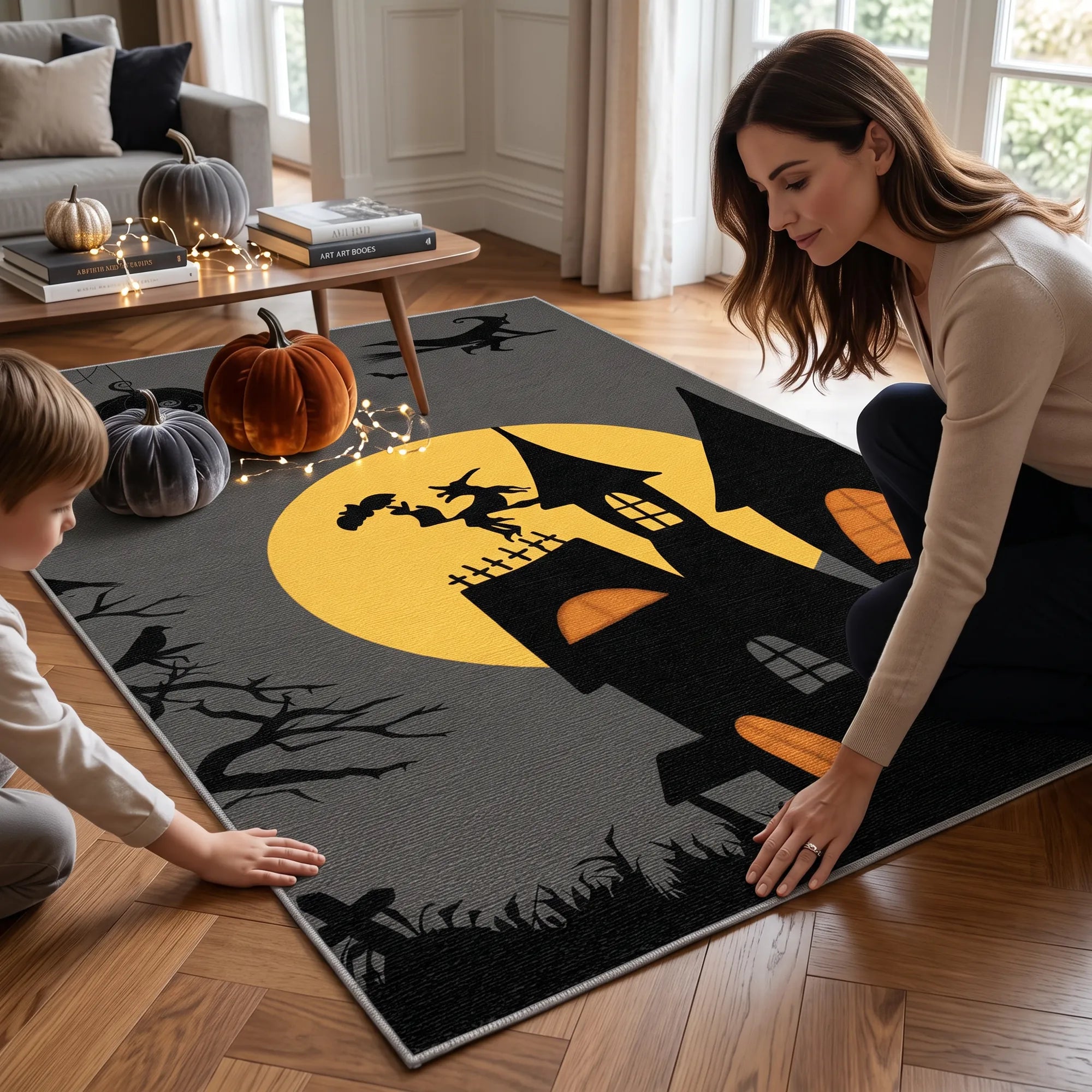 Una donna e una bambina sono inginocchiate su un grande tappeto a tema Halloween in un soggiorno luminoso. Il tappeto raffigura la sagoma nera di una casa infestata, alberi spogli, pipistrelli e lapidi davanti a una grande luna piena gialla, con piccoli dettagli arancioni alle finestre.