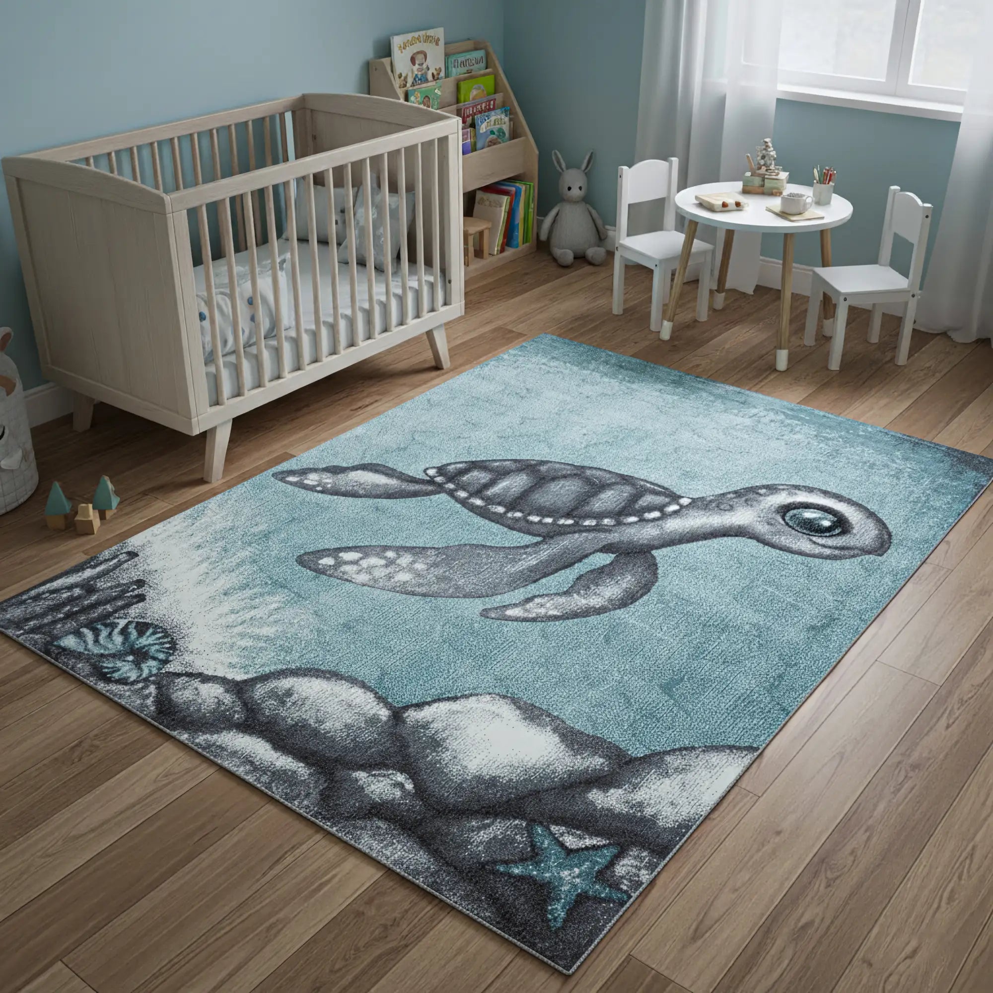 Sweet Turtle Patterned Kids Rug | Blue