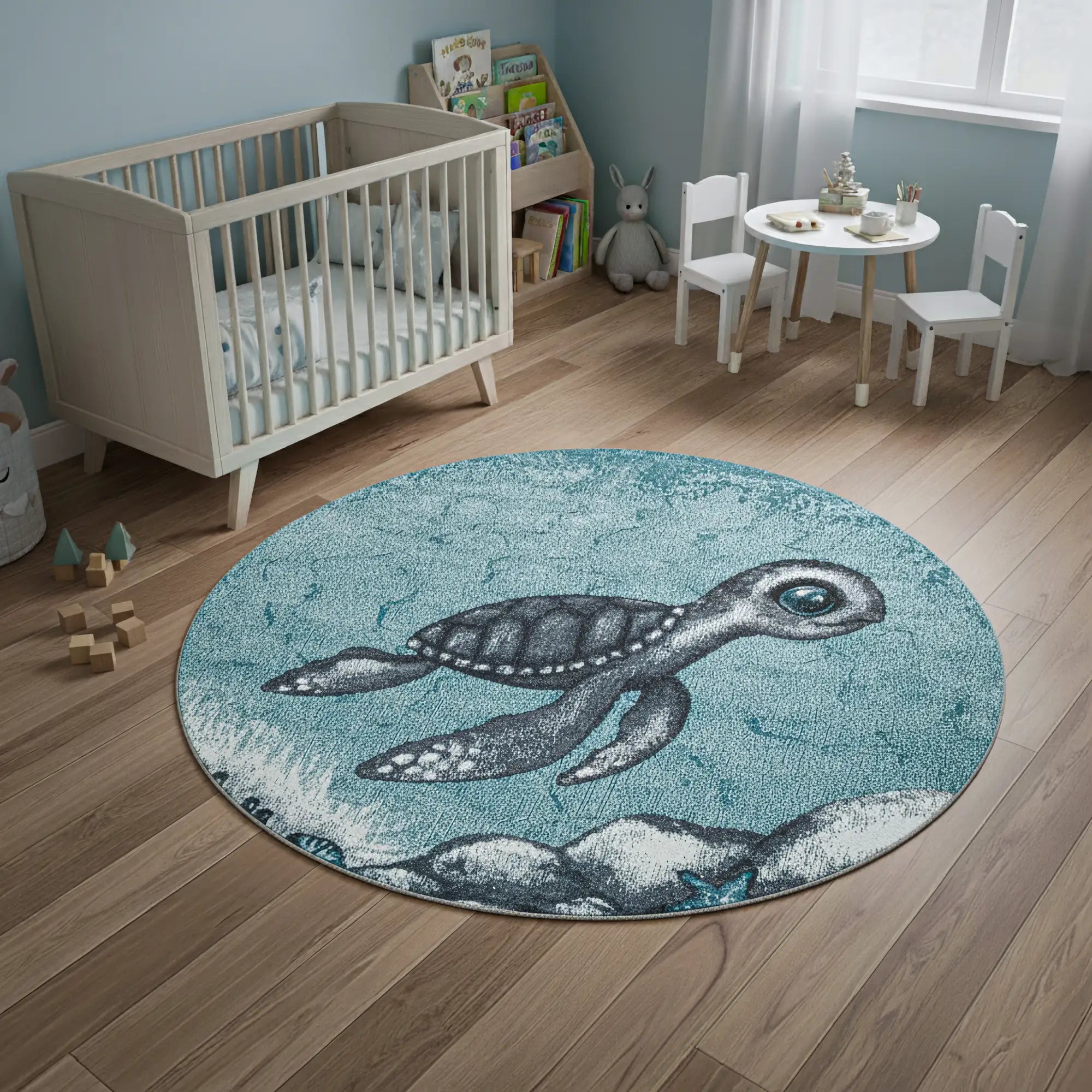 Sweet Turtle Patterned Kids Rug | Blue