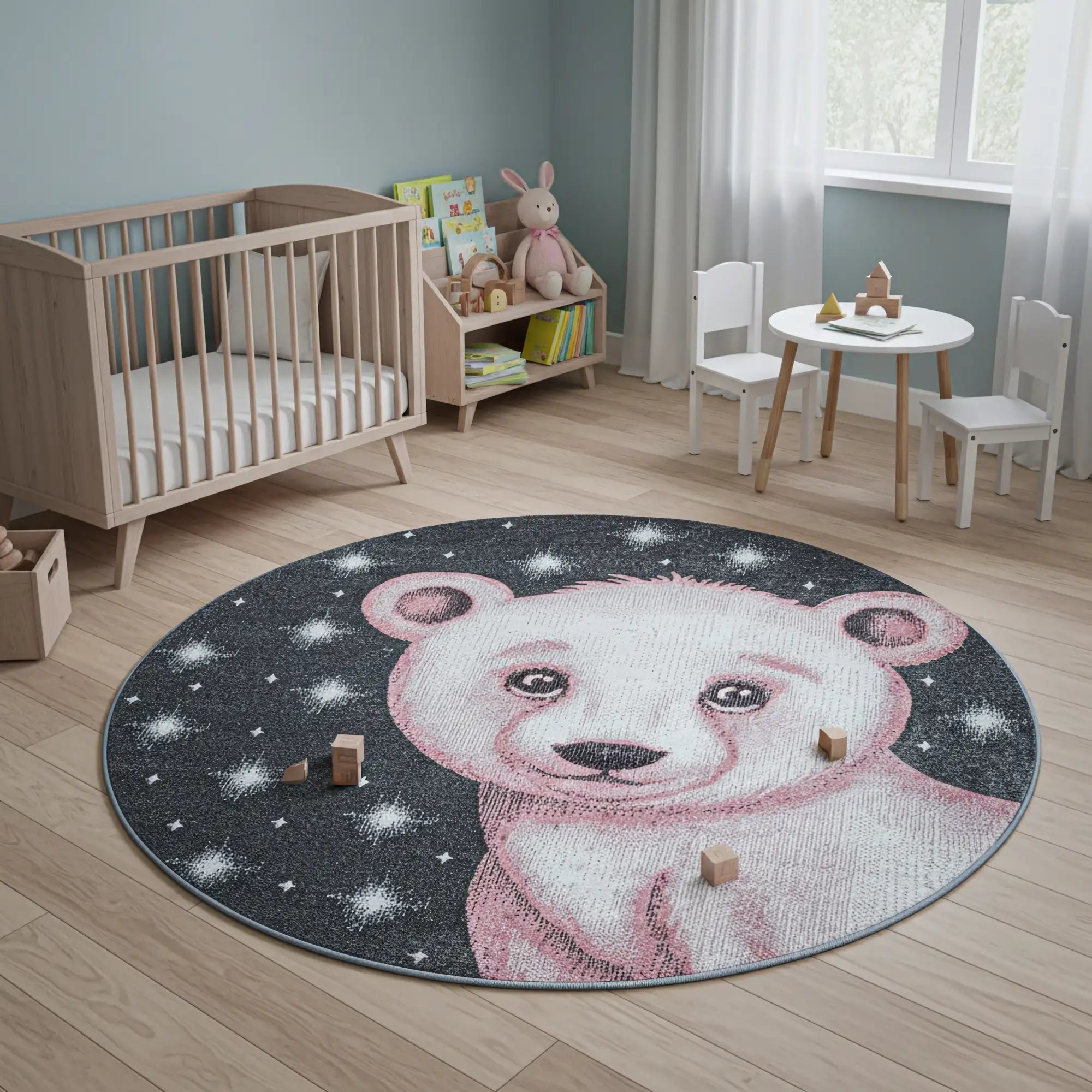 Pink Bear Kids Rug | Grey Starry Night
