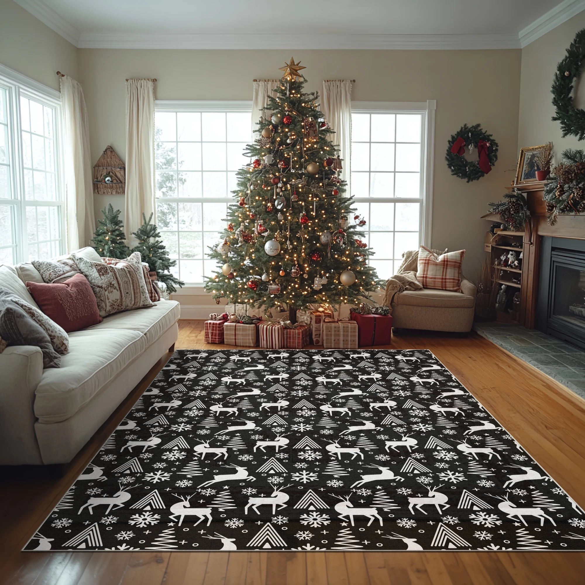 Monochrome Christmas Reindeer Washable Rug