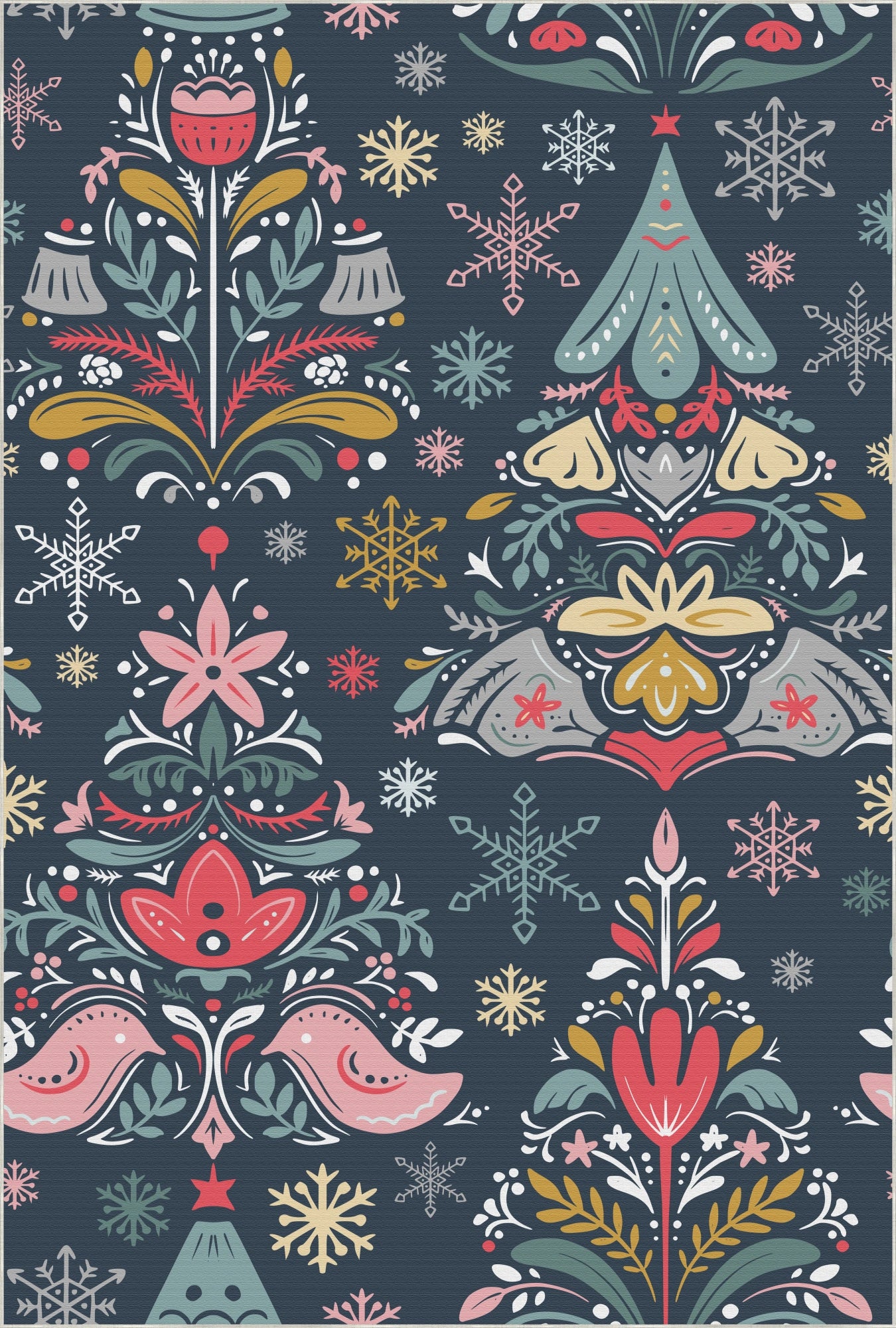 Washable Folk Art Christmas Tree Rug