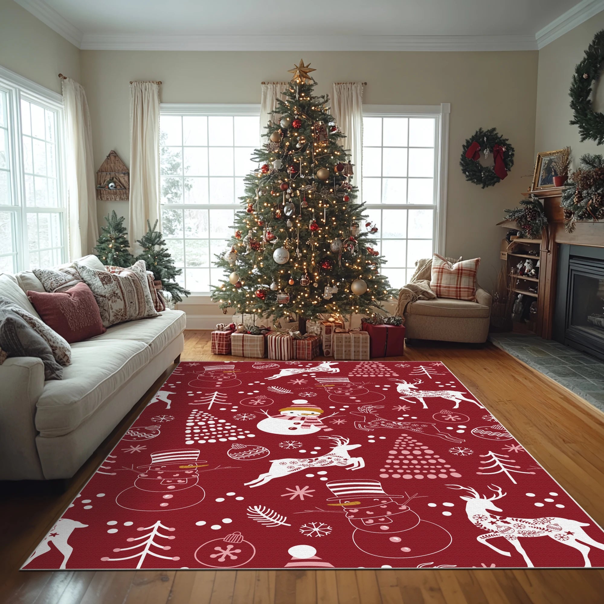 Washable Red Christmas Themed Rug