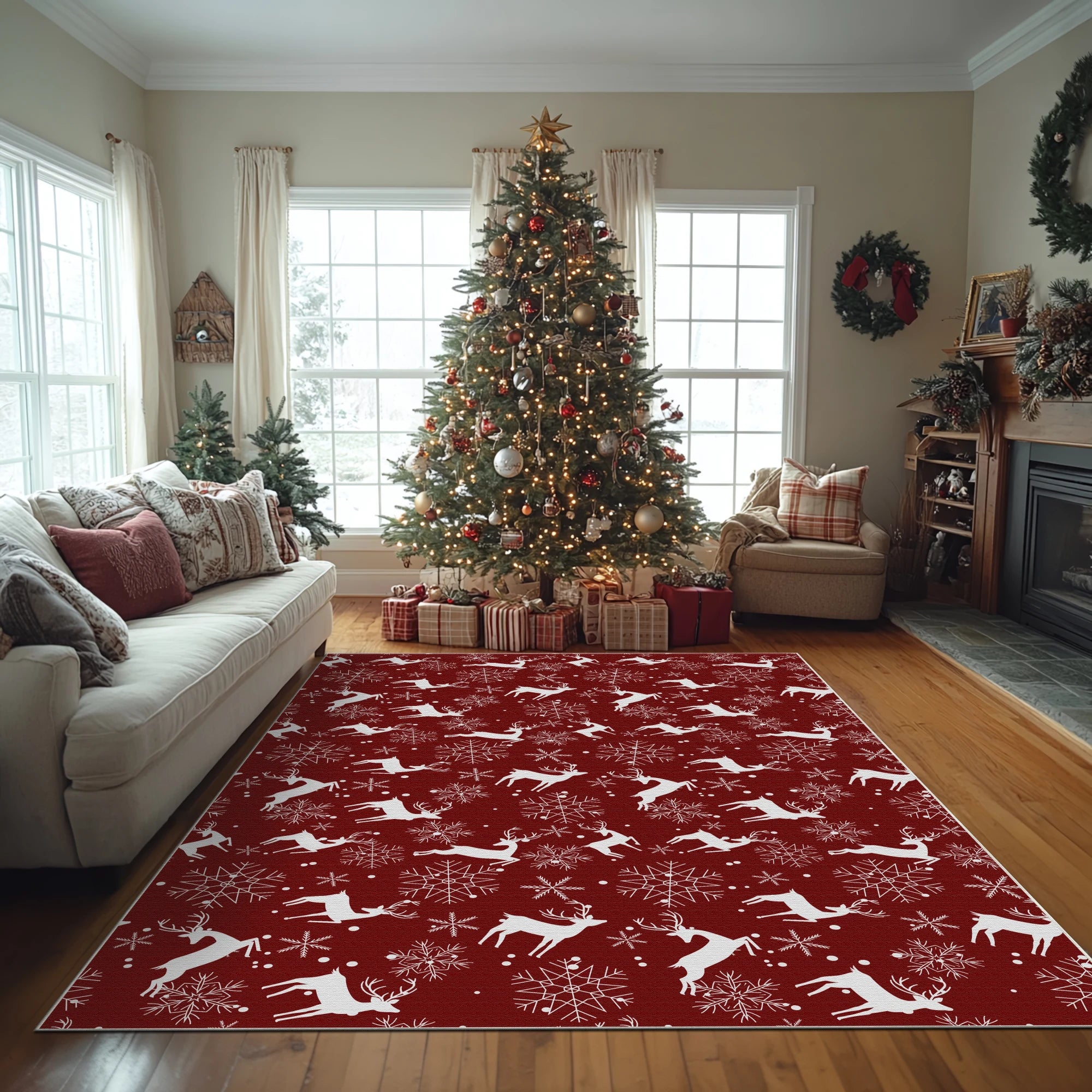 Red Snowy Deer Rug