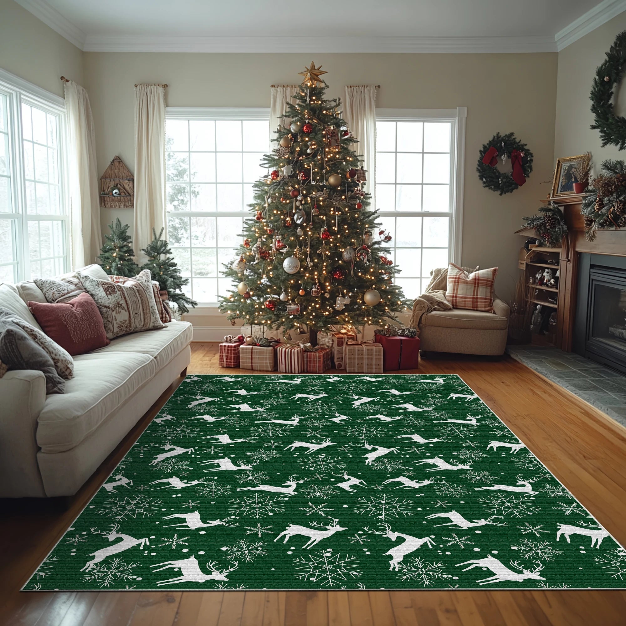 Green Snowy Deer Rug