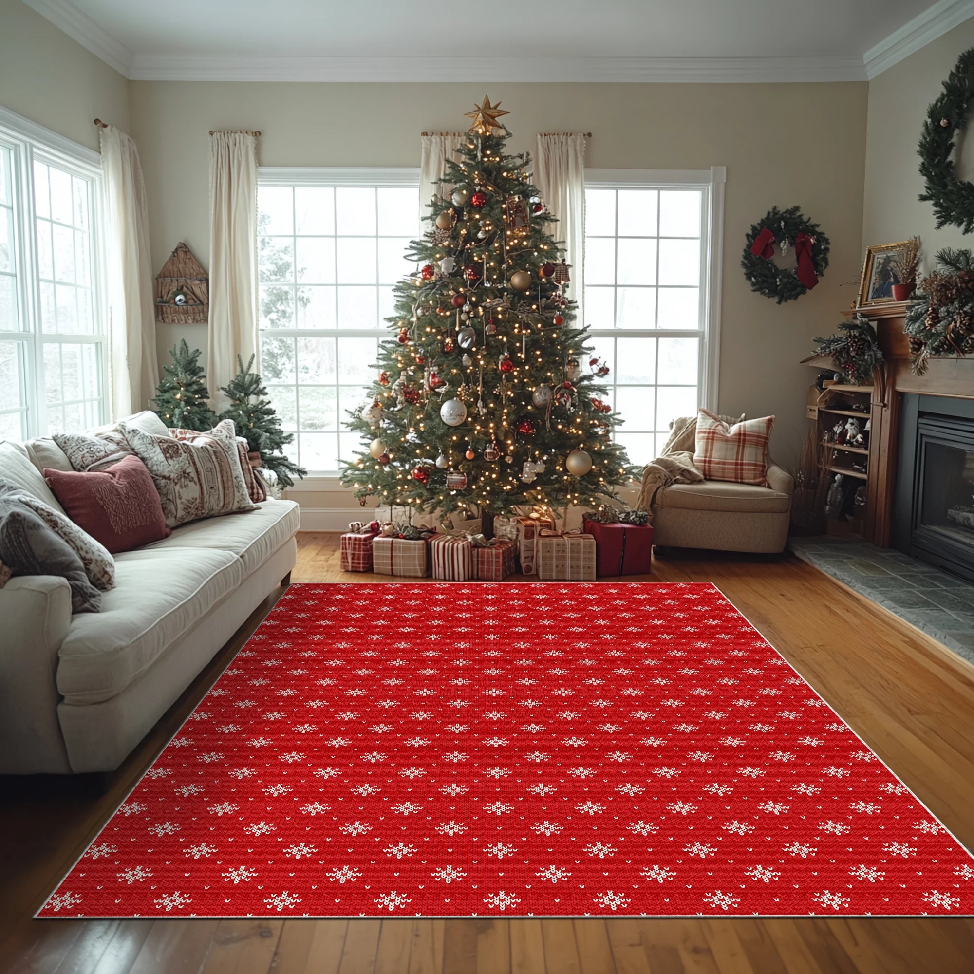 Washable Red Snowflake Knit Rug