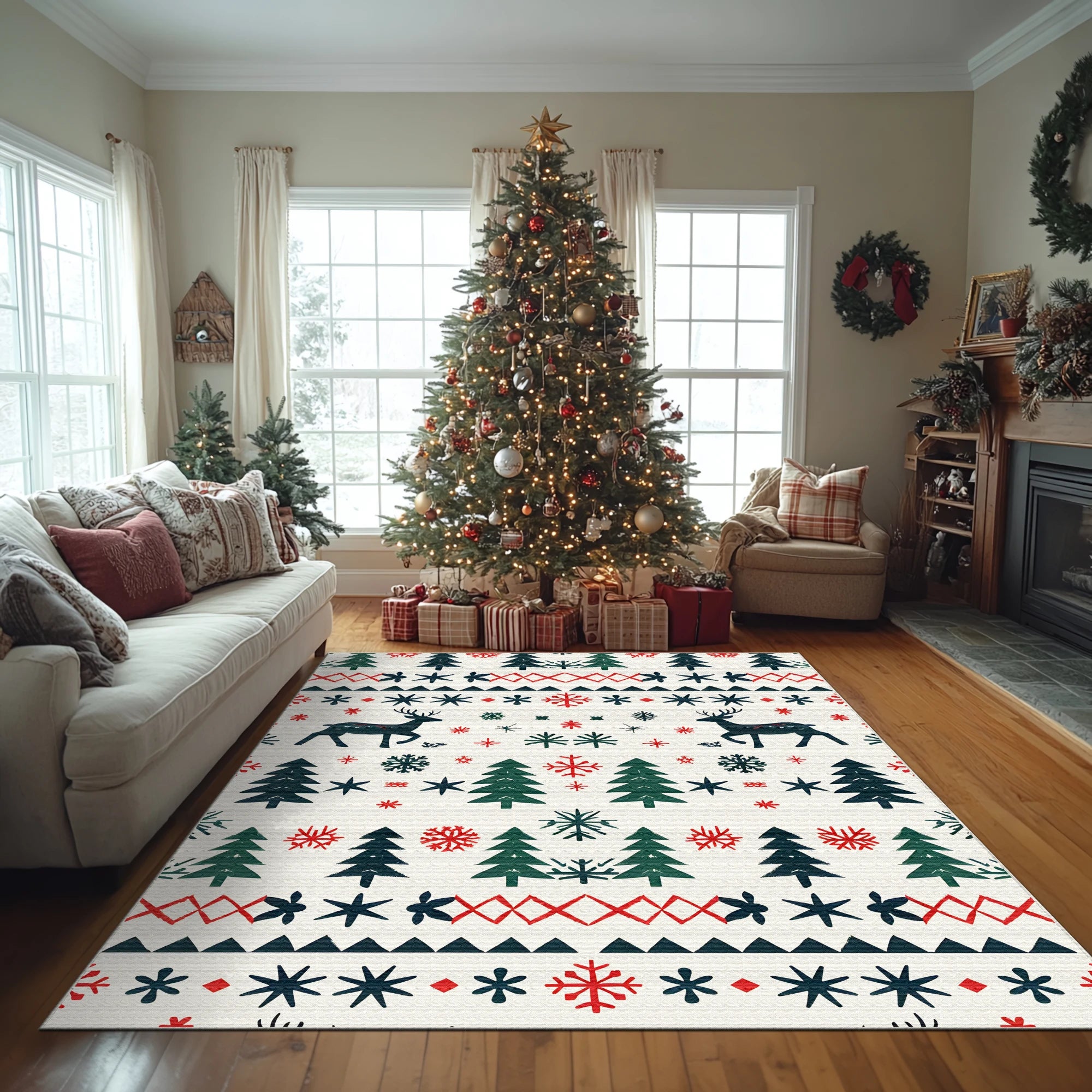 Washable White Nordic Christmas Rug