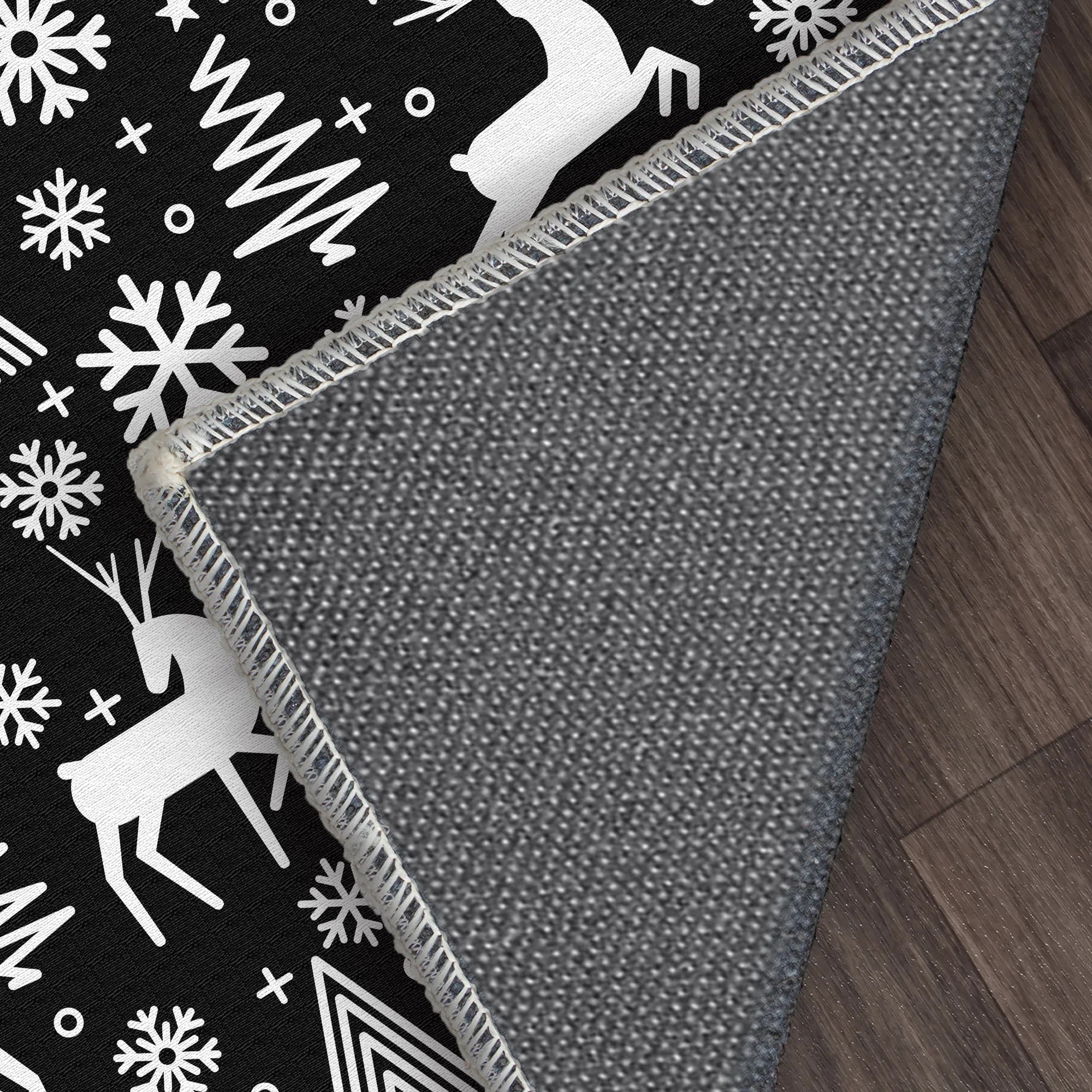 Monochrome Christmas Reindeer Washable Rug