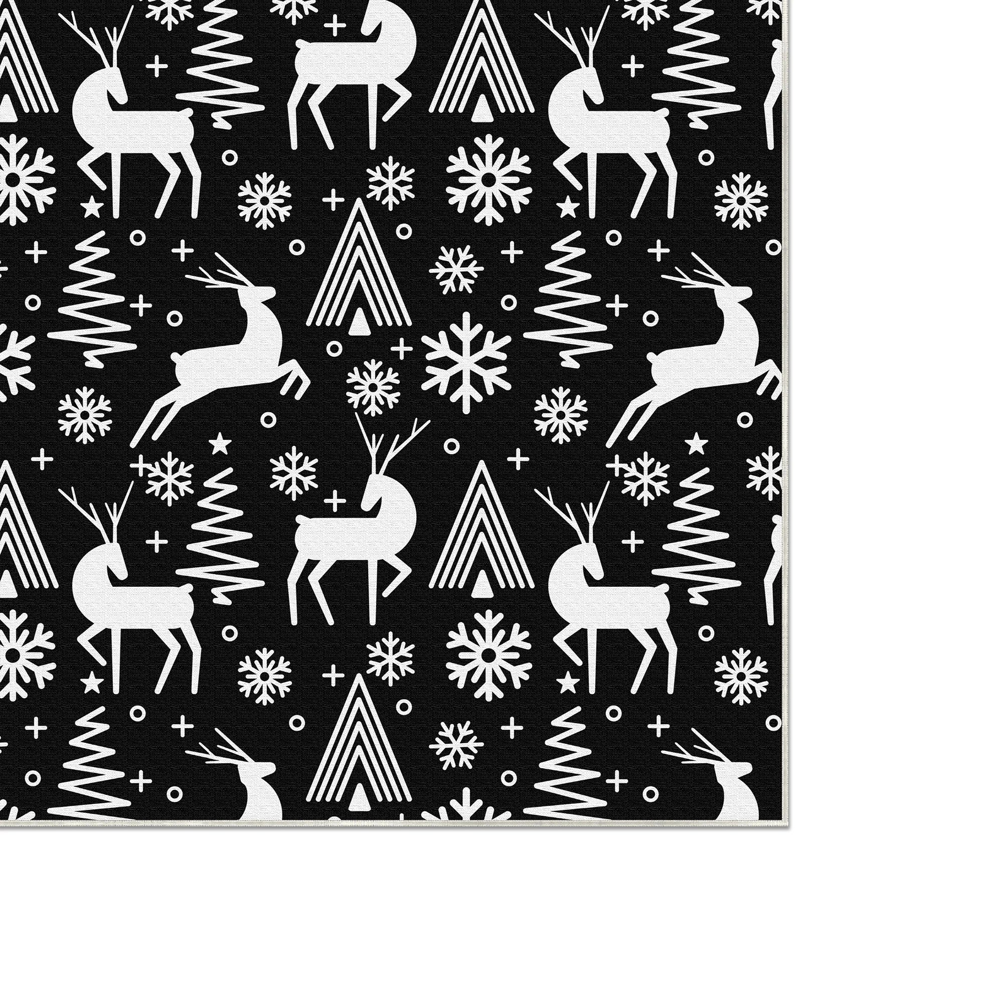 Monochrome Christmas Reindeer Washable Rug