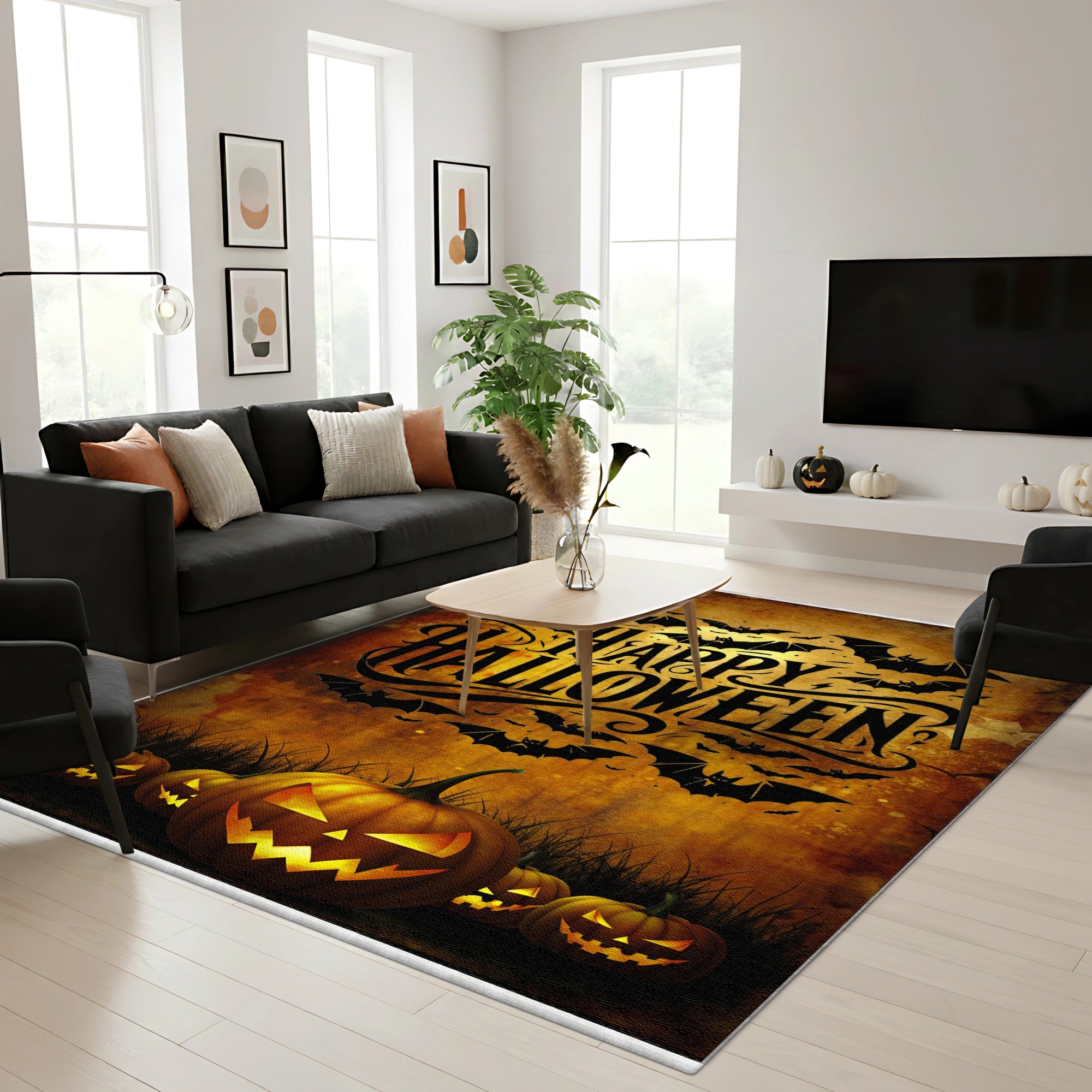Bats And Pumpkins Halloween Rug