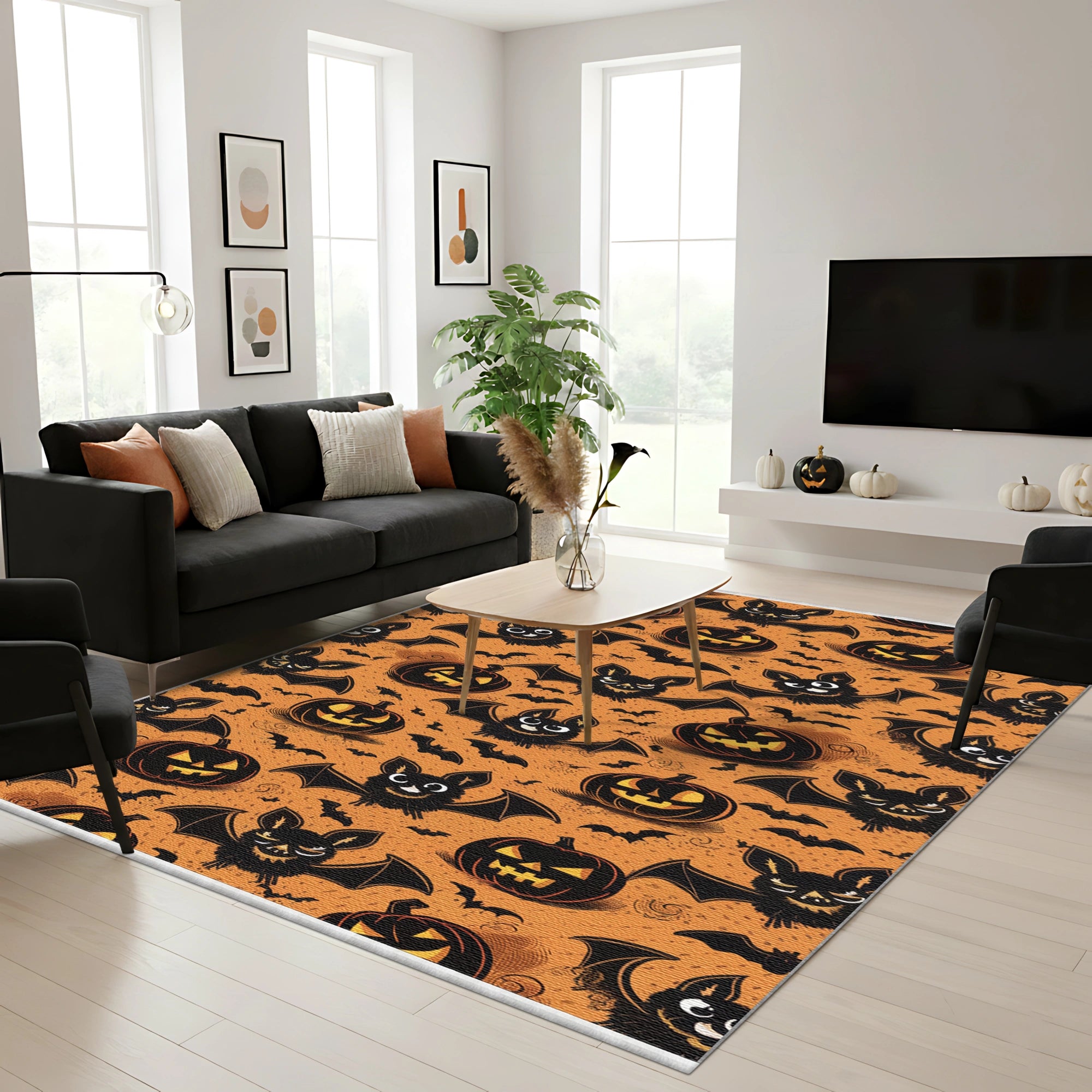 Pumpkin Bat Pattern Washable Rug