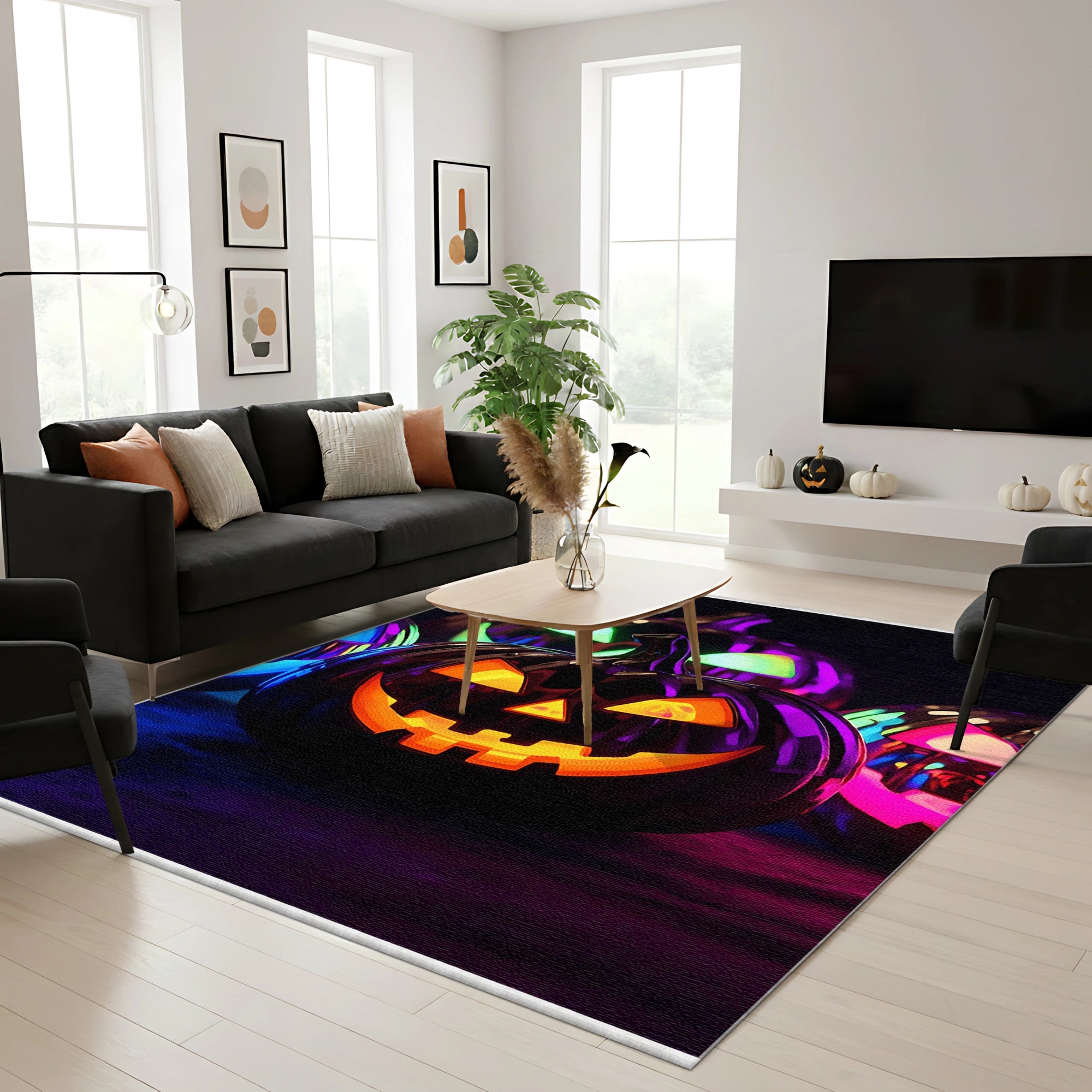 Neon Chrome Pumpkin Halloween Rug